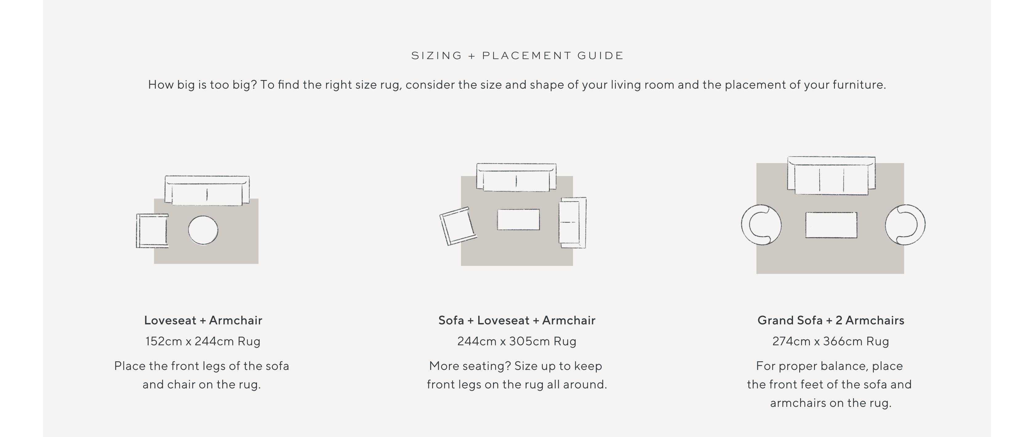 Sizing + Placement Guide. How big is too big? To find the right size rug, consider the size and shape of your living room and the placement of your furniture. Loveseat + Armchair, 152cm x 244cm Rug, Place the front legs of the sofa and chair on the rug. Sofa + Loveseat + Armchair, 244cm x 305cm Rug, More seating? Size up to keep front legs on the rug all around. Grand Sofa + 2 Armchairs, 274cm x 366cm Rug, For proper balance, place the front feet of the sofa and armchairs on the rug.